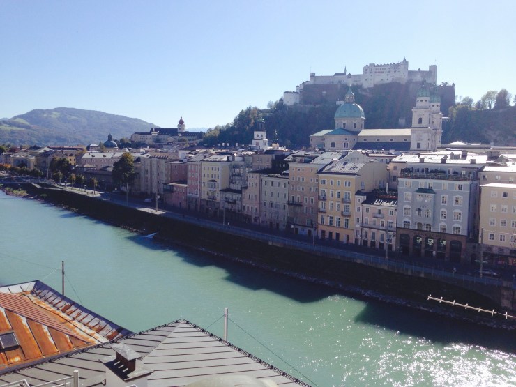 Another shot of the river from the rooftop of Hotel Stein in Salzburg. You can see the Hohensalzburg Fortress near the top right of the picture, on the hill. 