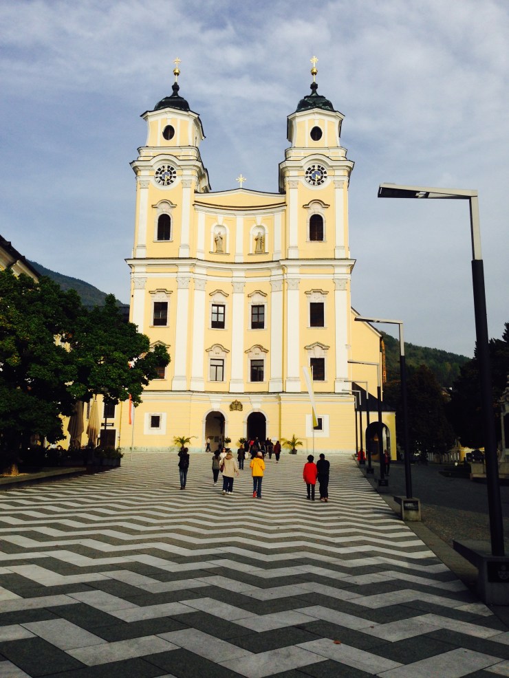 An outside view of St. Michael's Basilica in Mondsee, Austria.