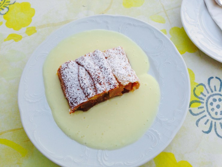My delicious warm apple strudel with vanilla sauce.