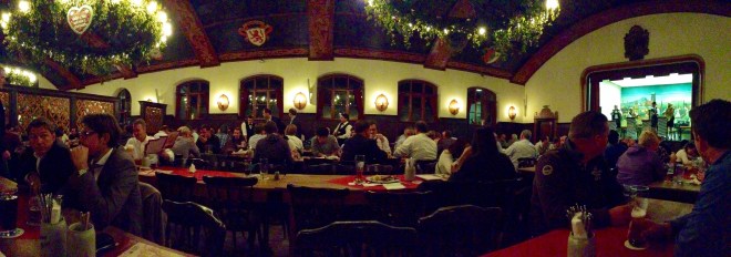 The dining hall of the Augustiener Keller-Bierhaus in Munich, Germany. You'll see the cute little band on the stage on the right. 