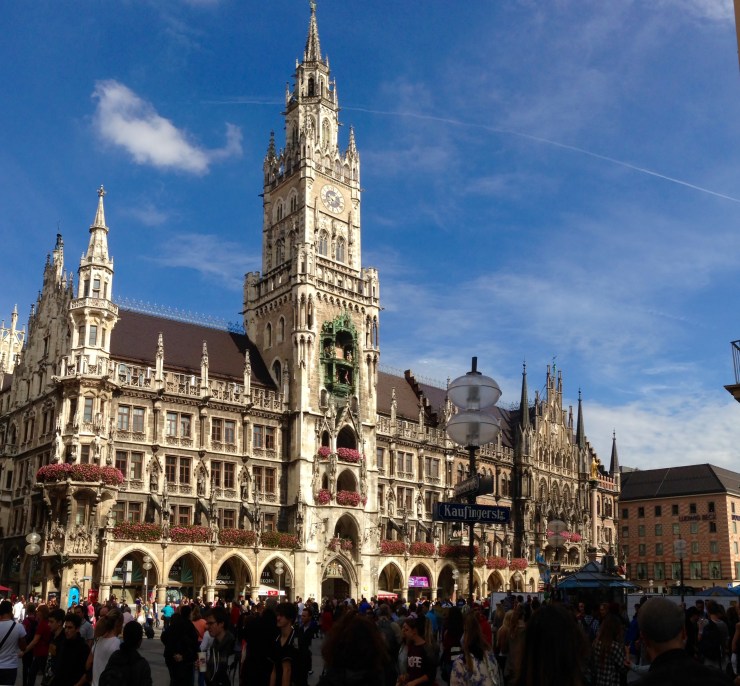 The new town hall in Marienplatz. The Glockenspiel is about halfway up the big tower in the middle.