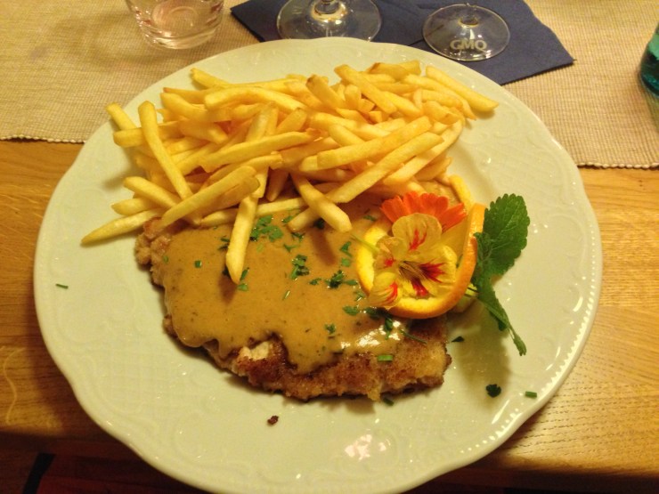 My delicious meal of wiener schnitzel and friends.